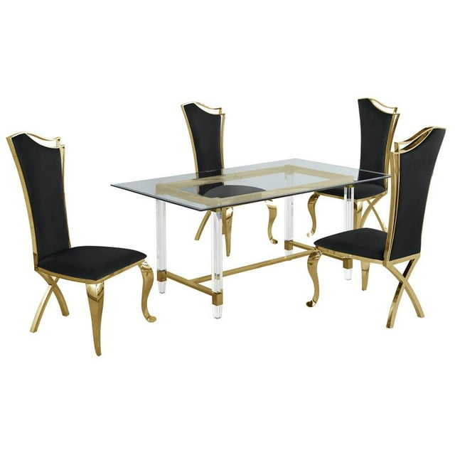 5pc. Ensemble de Salle à Manger en Verre de 68 x 40 Po avec 4 Chaises et Acier Inoxydable Doré
