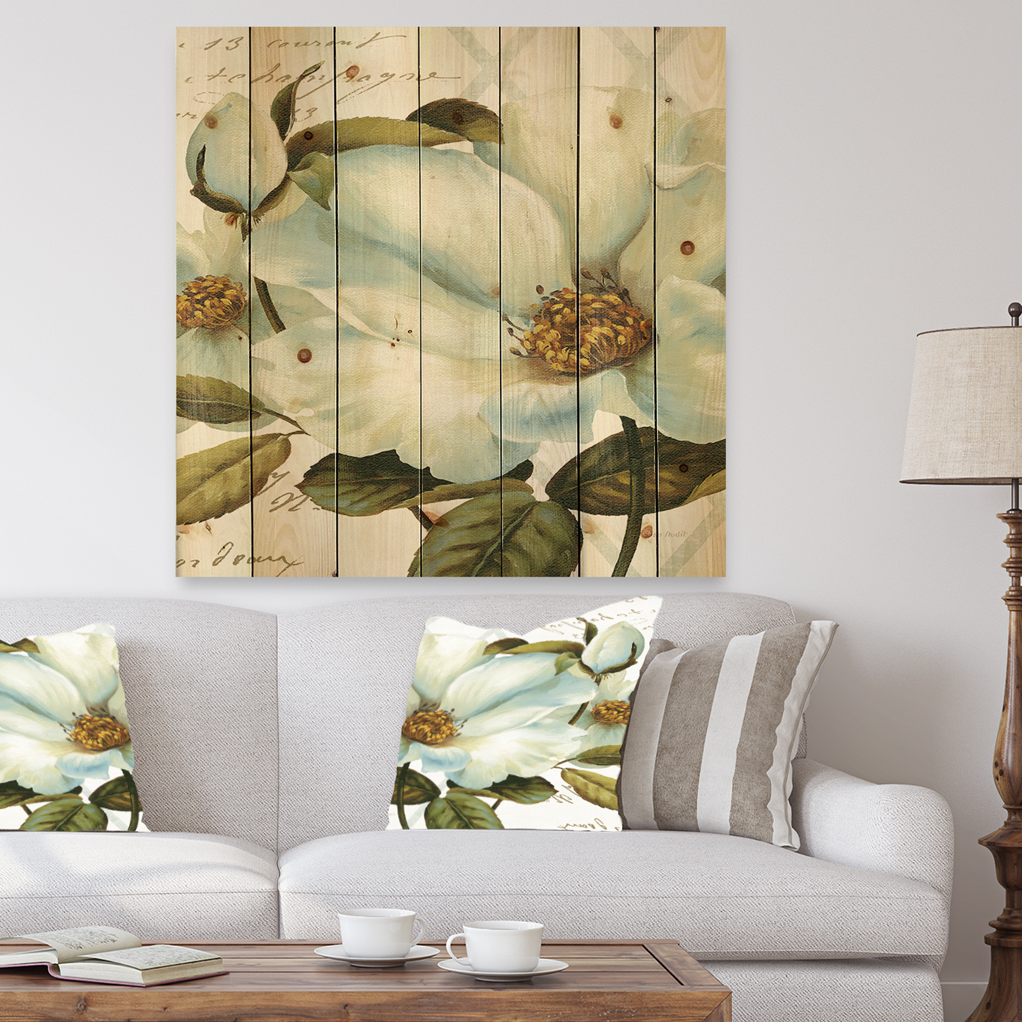 Designart 'Close Up Of White Blossoming Flower ' Modern Farmhouse Print on Natural Pine Wood
