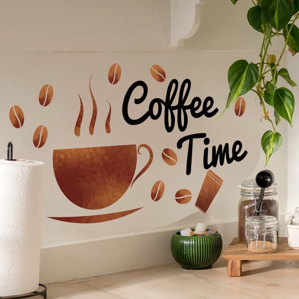 Adhesivos de pared de PVC Coffee Time, taza de café y granos, 20 x 29 cm