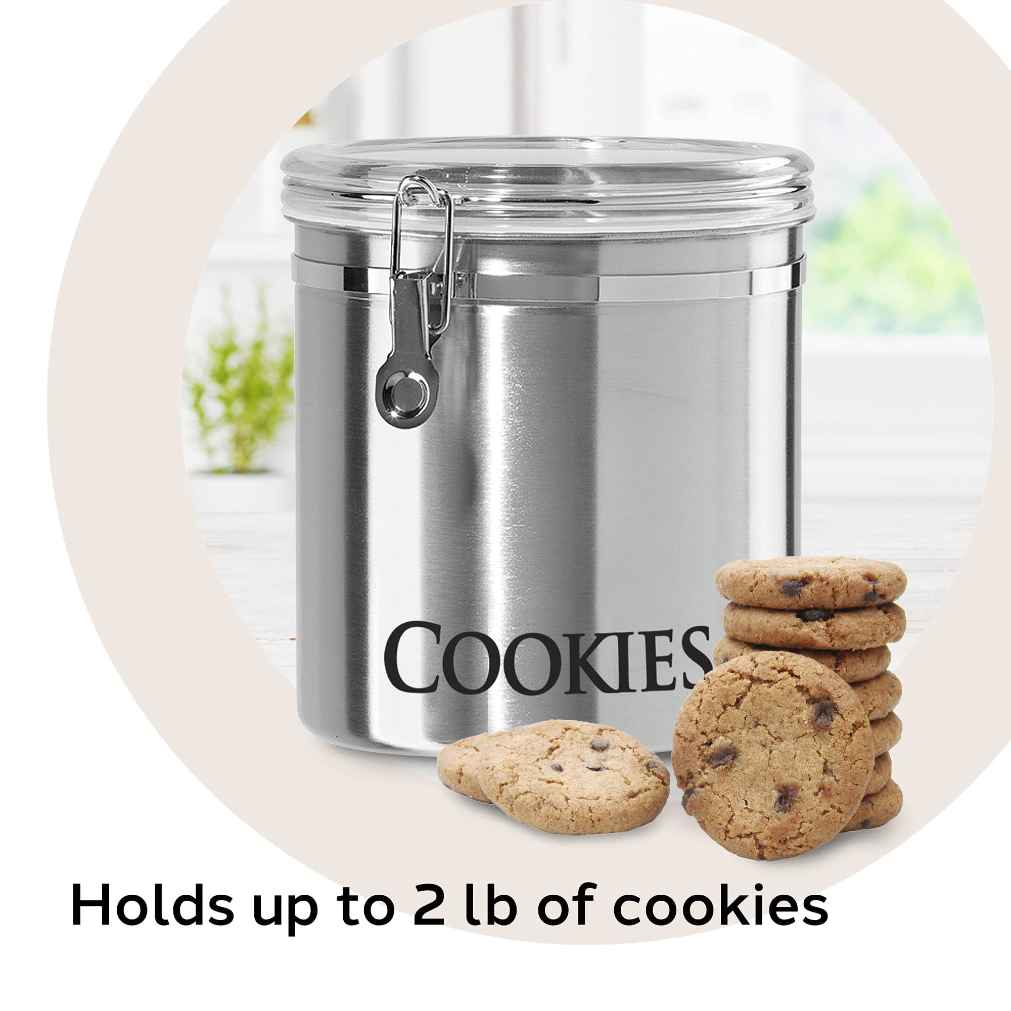 Oggi Airtight Clamp Canister Food Storage Container, 8-Inch-Cookies, Stainless, Clear Lid