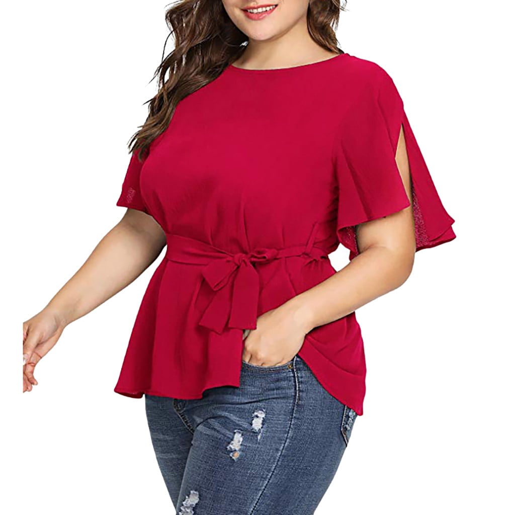 CieKen Women Solid Plus Size Short Sleeve Shirt Belted Blouse Tops T-shirt for women Walmart.com
