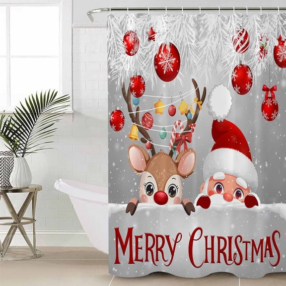 Christmas Shower Curtain Set, Waterproof Shower Curtains for Bathroom, Cute Santa Claus Reindeer Red Xmas Balls Snowy Grey Washable Fabric Cloth Bath Curtain for Bathtub with Hooks 54x78 Inches