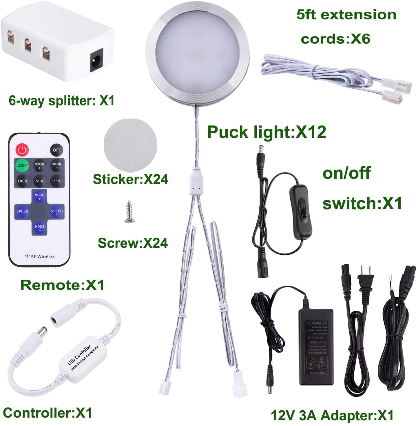 Linkable Under Cabinet LED Puck Lights - 12V Dimmable with Wireless RF Remote Control, Hardwired & Wall Plug-in for Kitchen Mood Lighting - Daylight White, 12 Light Kit