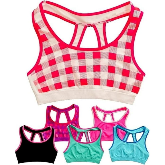 Alyce Ives Intimates Girls Sports Bra Preteen & Junior Training Bra, S, Checked Prints & Solids, 6 Pack