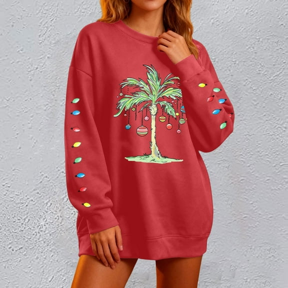 EliteGoogv Women Crewneck Sweatshirt Colored Lights Palm Tree Print Graphic Xmas Funny Christmas Pullover Daily Outdoor Red M