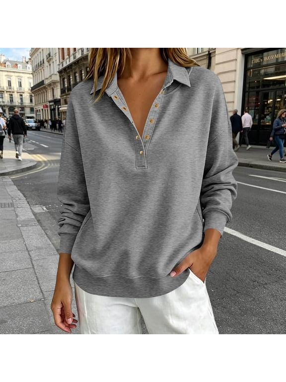Womens Snap Button Sweatshirt Trendy Collared Long Sleeve Pullover Tops Drop Shoulders Ribbed Cuffs Sweatshirts Fall Winter Outfits Gray L
