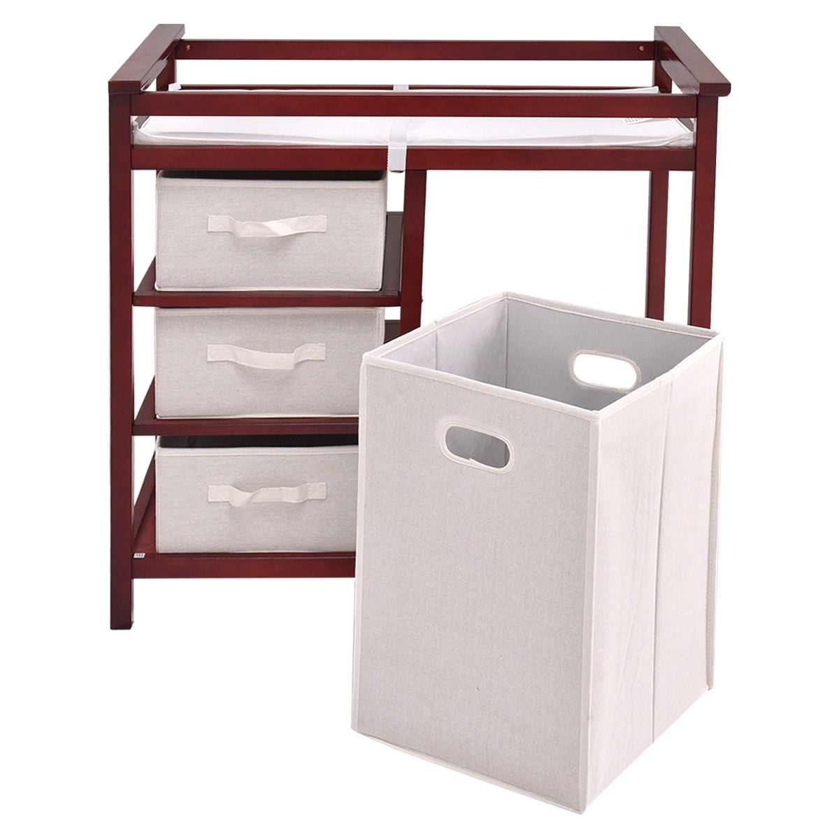 Costway Cherry Infant Baby Changing Table w/3 Storage Basket Hamper