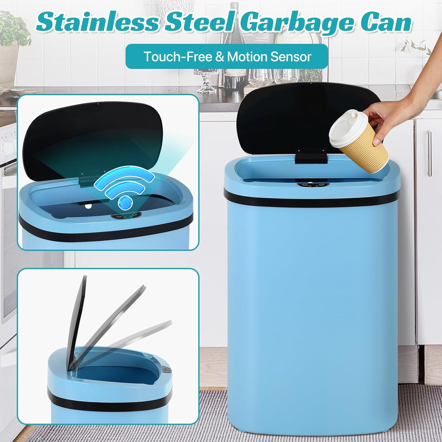 Dkelincs 13 Gallon Automatic Trash Can with Motion Sensor 49L Touchless Kitchen Garbage Can with Removable Lid, Waterproof for Home Bathroom, Blue