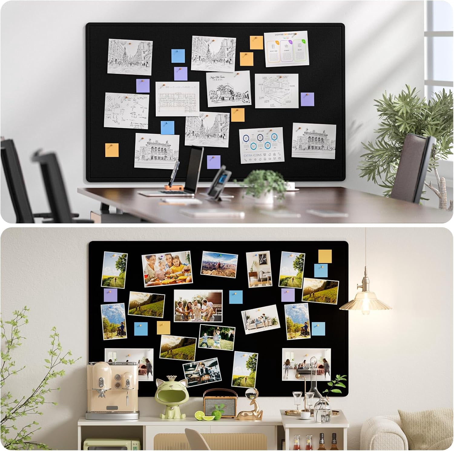 Extra Large Bulletin Board 60" x 36", Foldable Felt Board Vision Board Supplies, Cork Board for Office, Home, School, Small Pin Boards for Walls Decorative Display Board Black