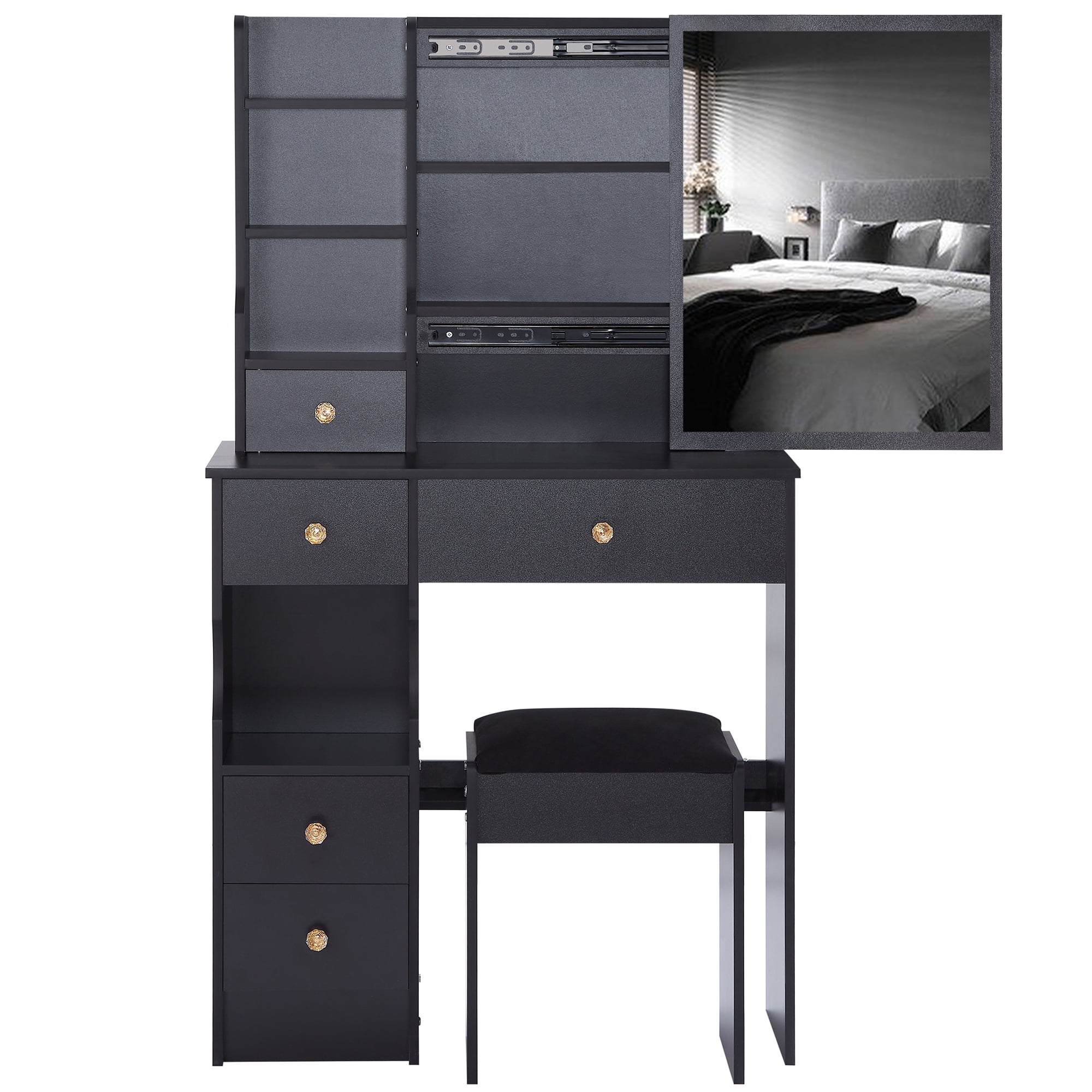 29.2" Small Space Left Drawer Desktop Vanity Table + Cushioned Stool, Extra Large Right sliding mirror, Multi Layer High Capacity Storage, Practical Fashionable Dresser, Suitable For Small Space