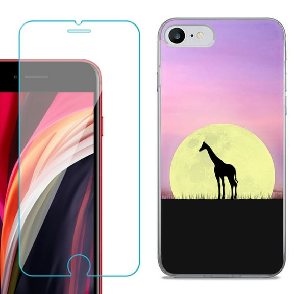 Slim-Fit Fashion Gel Phone Case for iPhone SE 2022, with Tempered Glass Screen Protector, by OneToughShield ® - Moonlight Giraffe