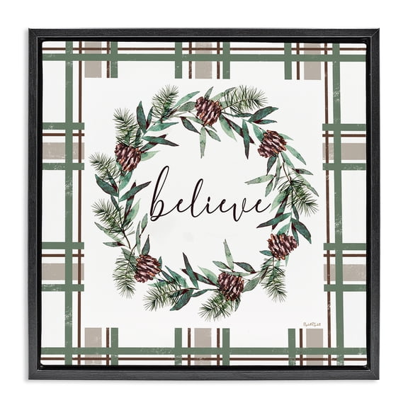 Stupell Industries Believe Wreath on Green Plaid Black Framed Floater Canvas Wall Art design by Elizabeth Tyndall, 18 x 18