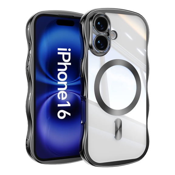 Decase for iPhone 16 Magnetic Case Clear Back Cover,Compatible with Mag-Safe,Full Camera Protection,Cute Wave Frame,Electroplated Wavy Bumper Shockproof TPU Phone Case,Black