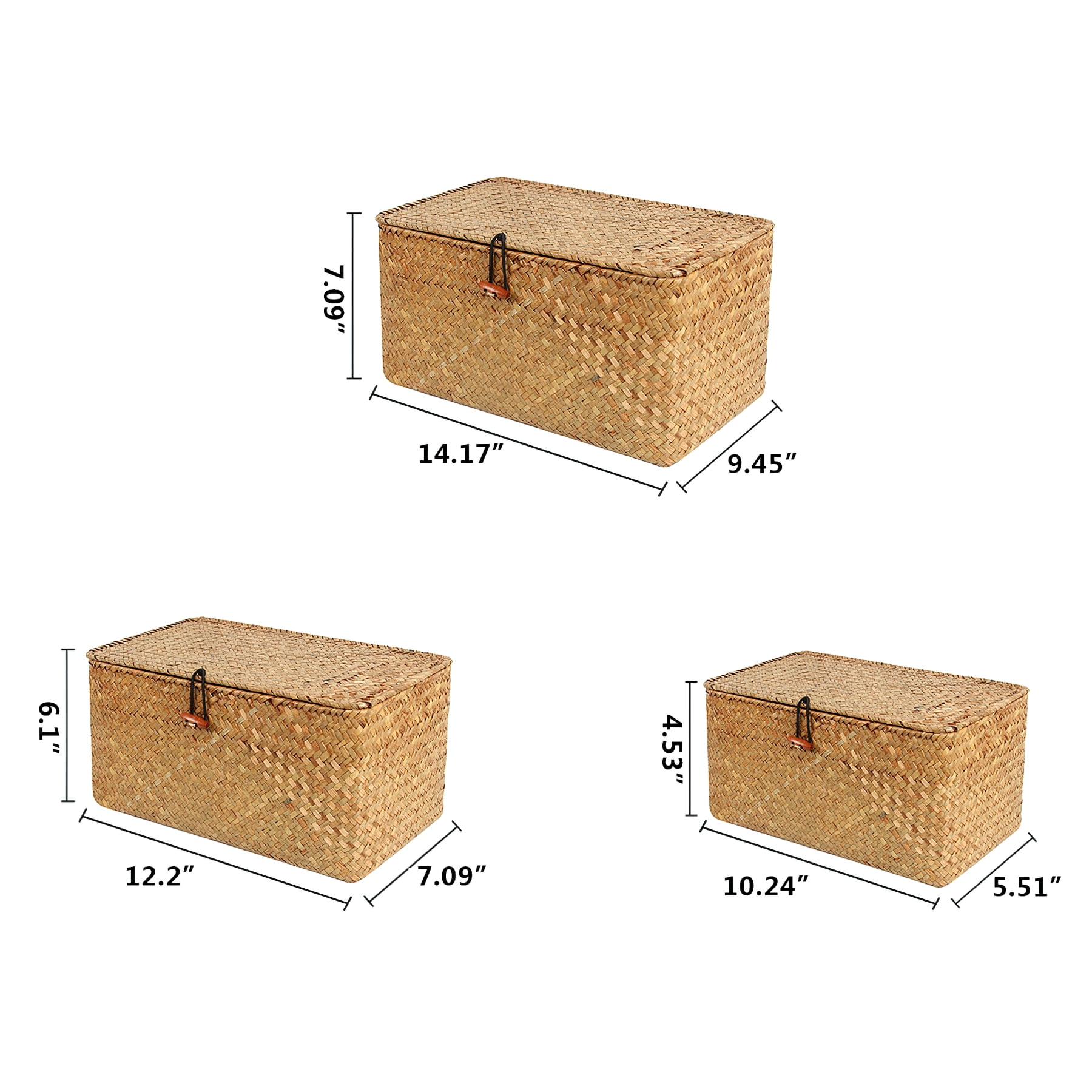 BlueMake Wicker Seagrass Baskets with Lids Set of 3 for Home Decor Rectangular Storage Baskets