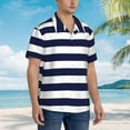 thumbnail image 5 of Xecao Navy Blue And White Stripes print Hawaiian shirt - a stylish short-sleeve button-down for men, perfect for casual beach and tropical outings., 5 of 9