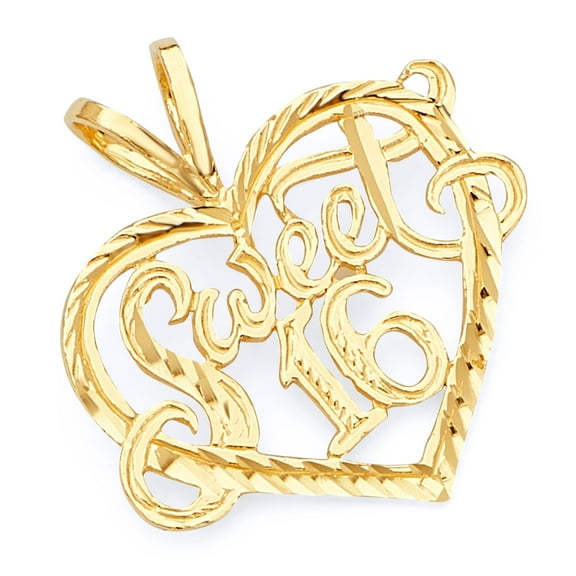 Wellingsale 14K Yellow Gold Polished Diamond Cut Ornate Heart Shaped Sweet 16 Charm Pendant