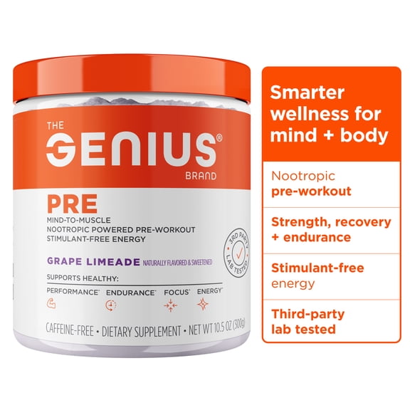 The Genius Brand Genius Pre - Clean Pre-Workout Powder for Energy, Focus & Fitness Support - No Artificial Flavors, Preservatives, or Proprietary Blends - Non-GMO - 20 Servings - Grape Limeade