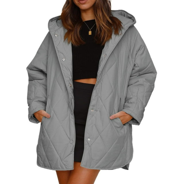 MAWCLOS Ladies Hood Jacket Long Sleeve Coats Hooded Quilted Jackets Mid Length Work Diamond Coat Grey S
