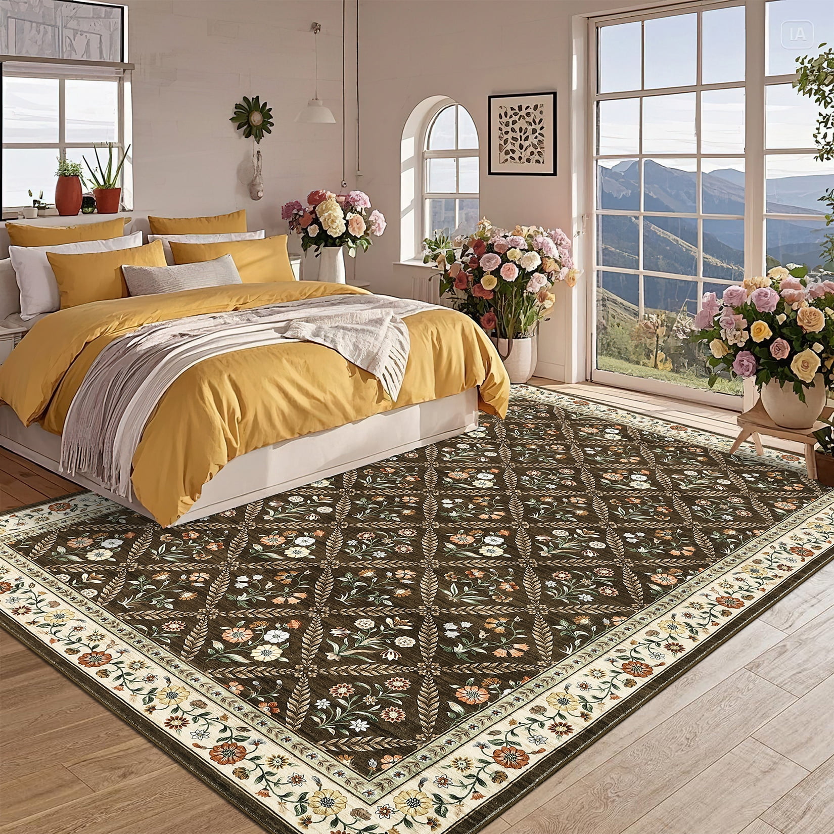 Senfot 9x12 Floral Print Area Rug Machine Washable Non-Slip Stain Resistant Low Pile Bordered Farmhouse Rug for Living Room Bedroom Home Office Brown