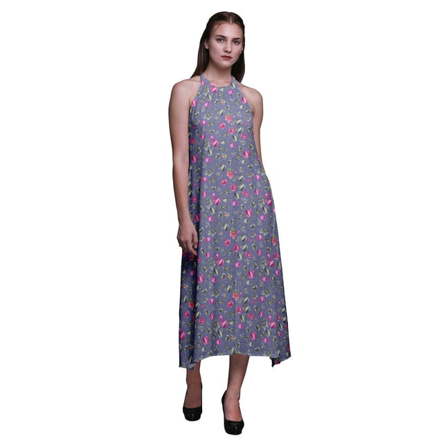 Bimba Robe de Plage Dos Nu Imprimée Florale pour Femmes Col Halter Long RayonDress-TTG