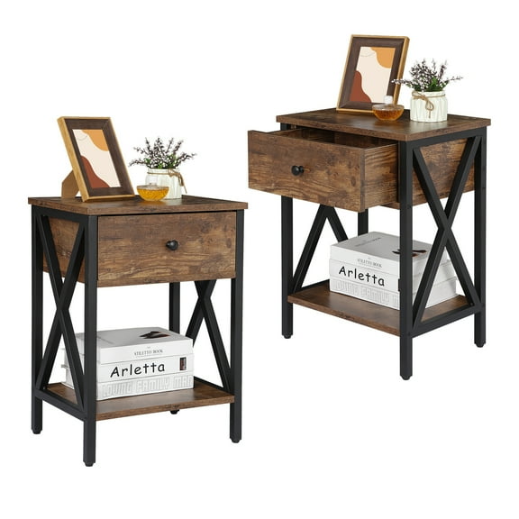 ZOPan Set of 2 Brown End Table Nightstand Storage Shelf with Drawer for Living Room