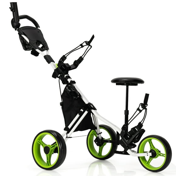 Gymax 3-Wheel Foldable Golf Push Pull Cart Trolley w/ Seat Adjustable Handle Green