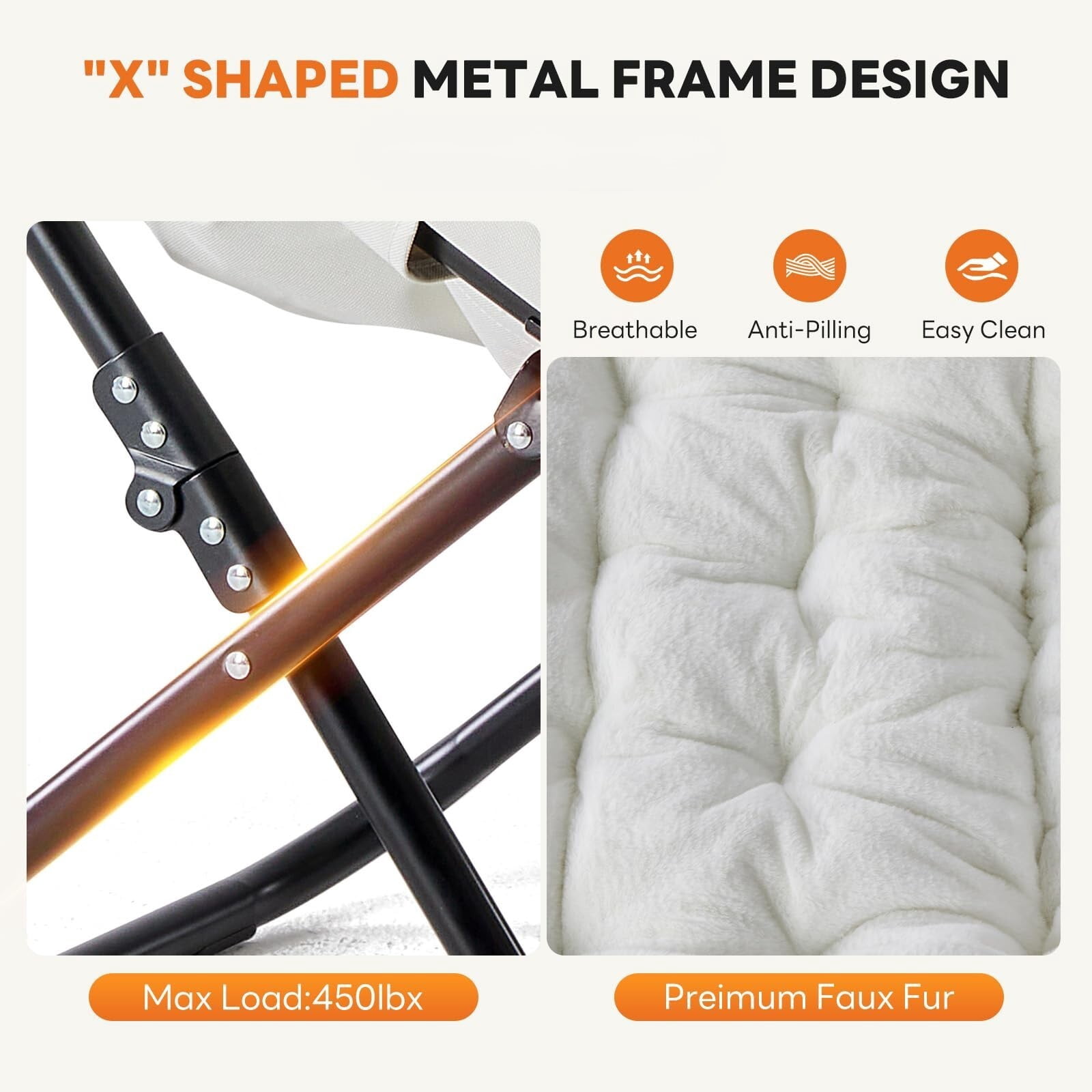 Kelno Faux Fur Folding Lounge Chair 450lb Capacity Foldable Comfy Chair Soft Plush Reading Chair, White