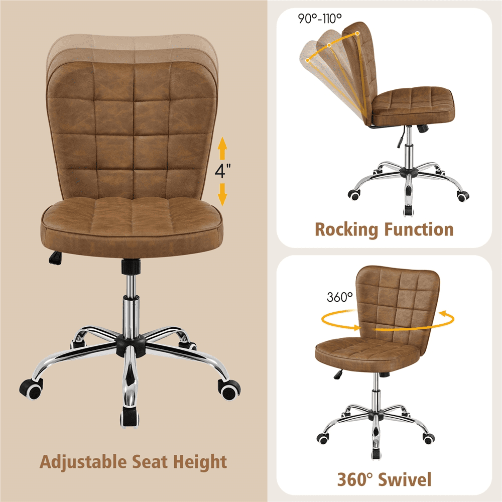 Alden Design Modern Tufted Armless Desk Chair with Chrome Finish Metal Base, Retro Brown