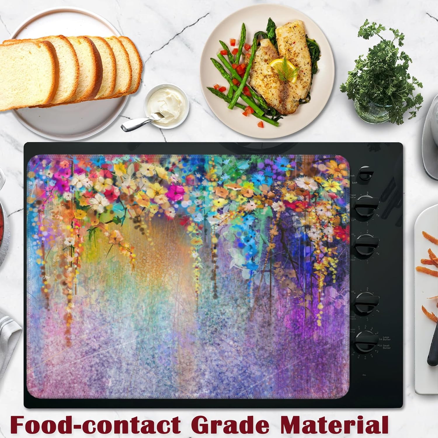 Stove Top Cover for Electric, Colorful Flowers Watercolor Plants Glass Ceramic Stove Cover,Heat Resistant Flat Stovetop Protector, Dish Drying Mats for Kitchen
