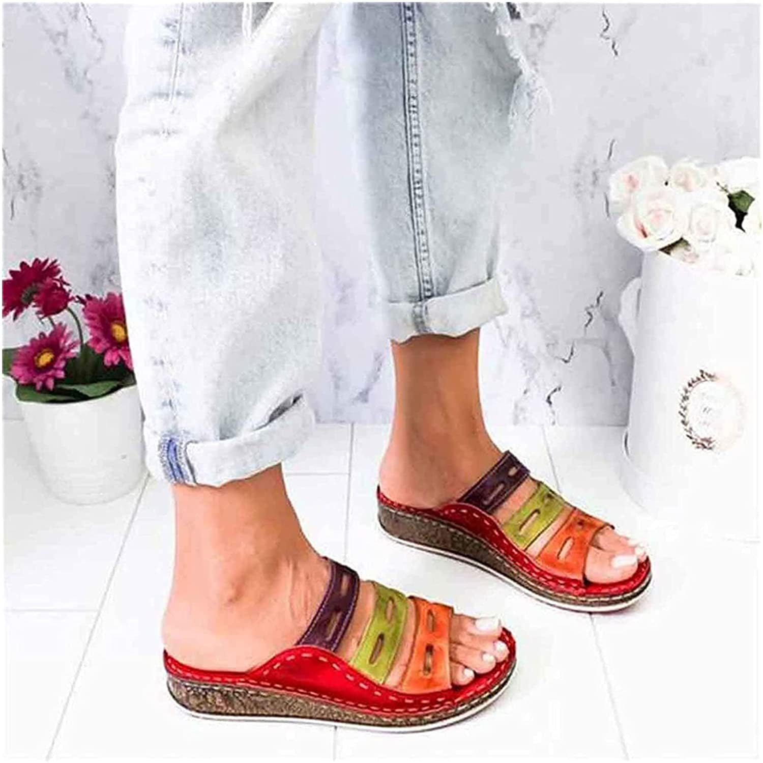 Womens Casual Wedge High Heels Stitching Color Platform Open Toe Slip On Shoes