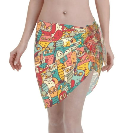 Disketp Funny Owl Bird Women Swimsuit Cover Up Short Chiffon Summer Beach Sarong Bikini Wrap Skirt Bathing Suit