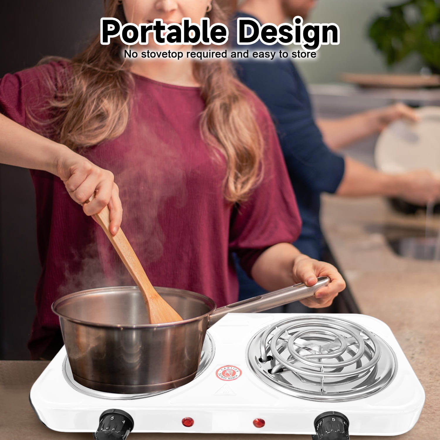 Hot Plate,Double Burner, 2000W Electric Stove Burner with 5 Levels Temperature Control, Countertop Double Coil Burner Cast Iron Cooktop for All Cookwares Home Camp RV,White