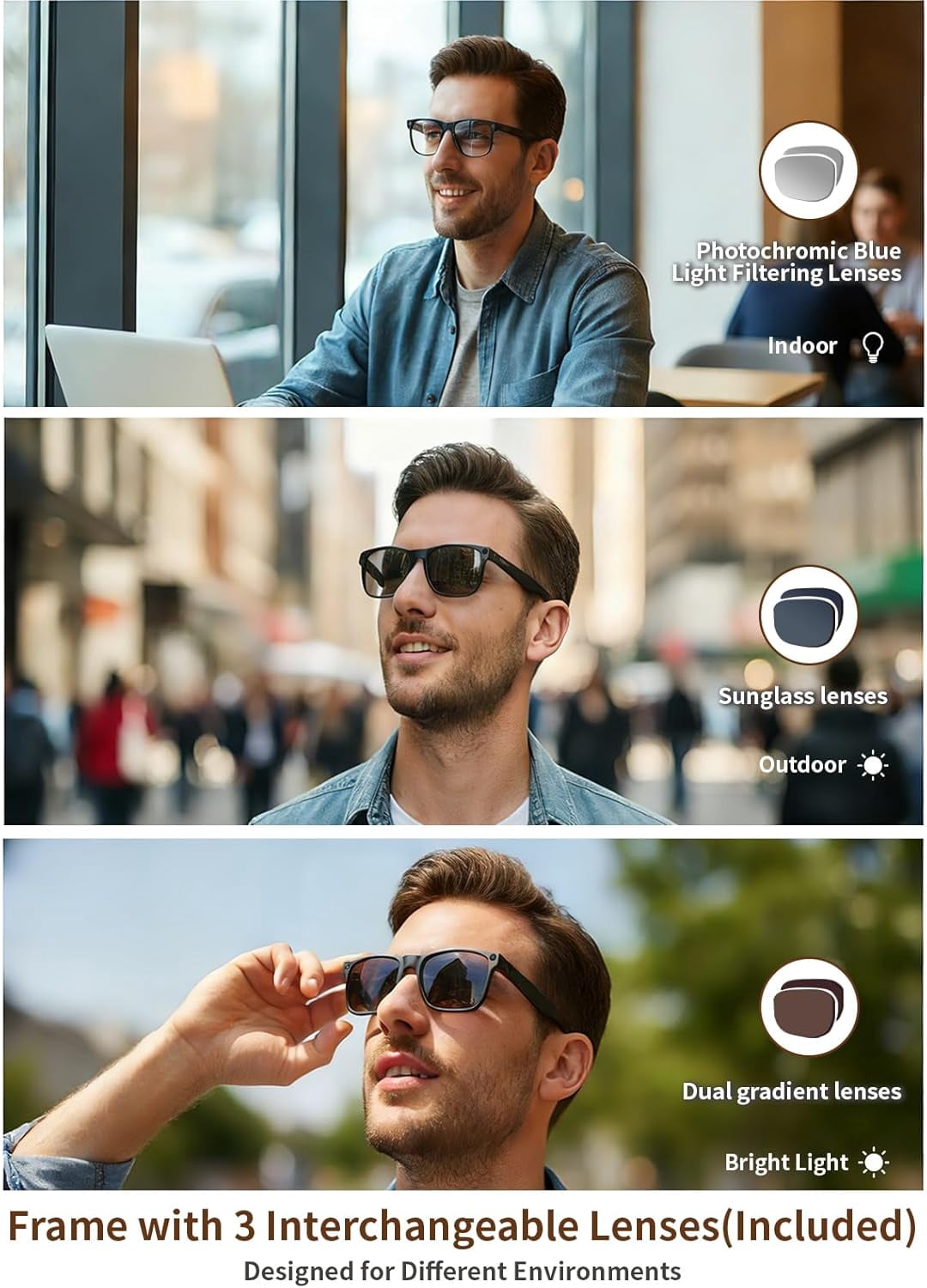 AI Smart Glasses with Camera, 1080P Video Recording Camera Glasses for Men and Women, Real Time Translation, AI Voice Assistant, Photochromic Lenses Sunglasses for Travel,(Black)