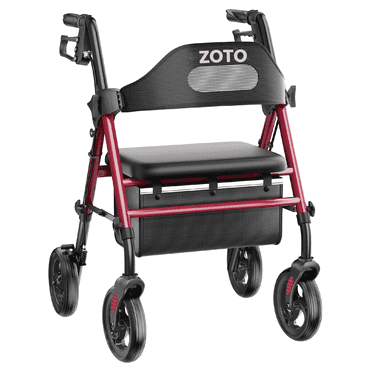 ZOTO Foldable Rollator Walker with Seat - Height Adjustable Lightweight Rolling Walker for Seniors - Sturdy Reinforced Carbon steel Frame - Red (VR2-RD)
