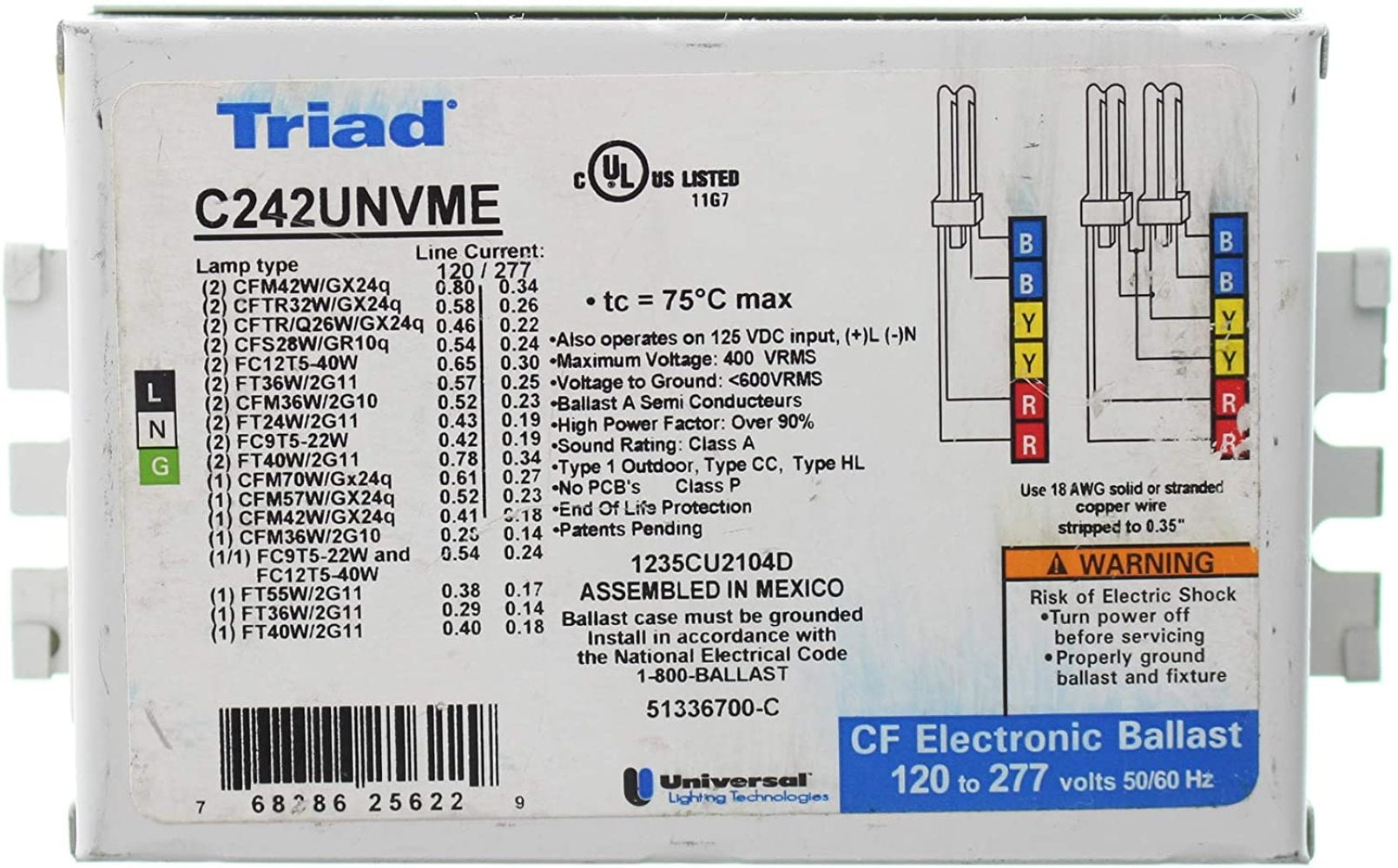 Universal C242UNVM-E001C 2Lamp 26-42 Watt Electronic Compact Fluorescent Ballast 