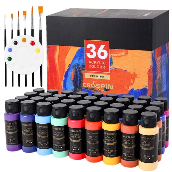 CROSPIN 36 Colores Pintura Acrilica, Pinturas Acrílicas Profesional 60ml, Set de Arte, Set de Pintura Acrílica con 6 Pinceles y 1 Paleta, Materiales Arte para Vidrio, Telas, Cer&