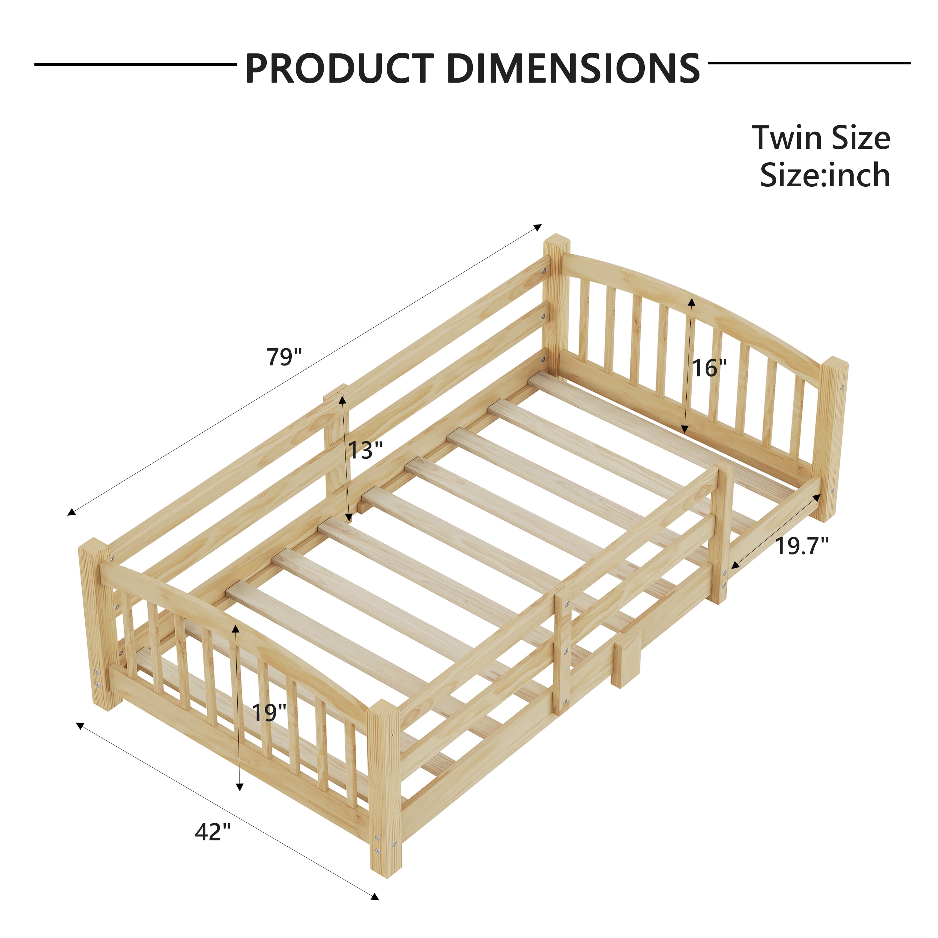 Harper & Bright Designs Twin Montessori Floor Bed with Safety Guardrails, Solid Wood Floor Bed with Fence for Girls and Boys Bedroom, Natural