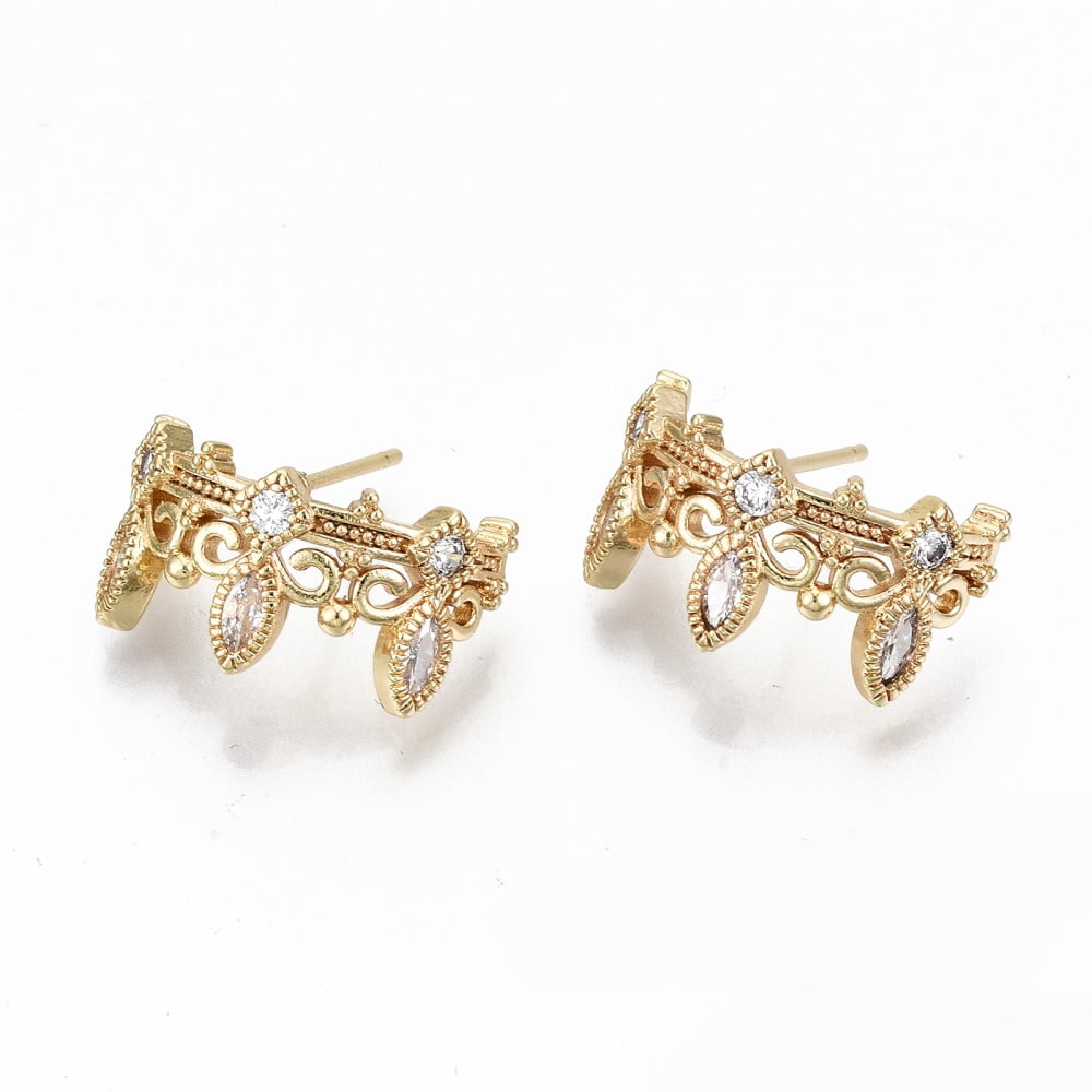 30 pc Brass Micro Pave Clear Cubic Zirconia Stud Earrings Nickel Free Crown Real 18K golden Plated 9.5x18mm Pin: 0.7mm