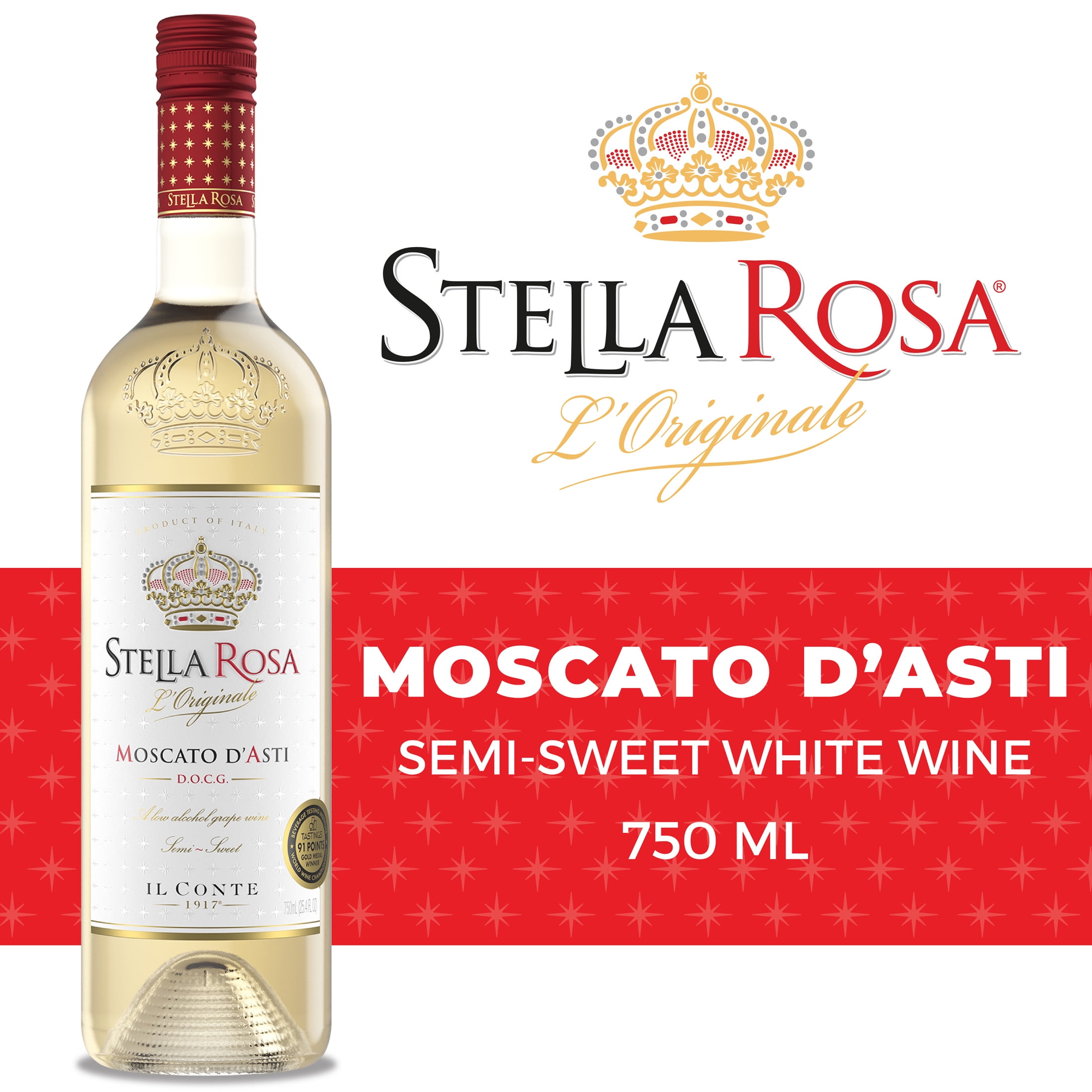 Stella Rosa Moscato d'Asti Semi-Sweet White Wine, 750ml Glass Bottle, DOCG, Piedmont, Italy