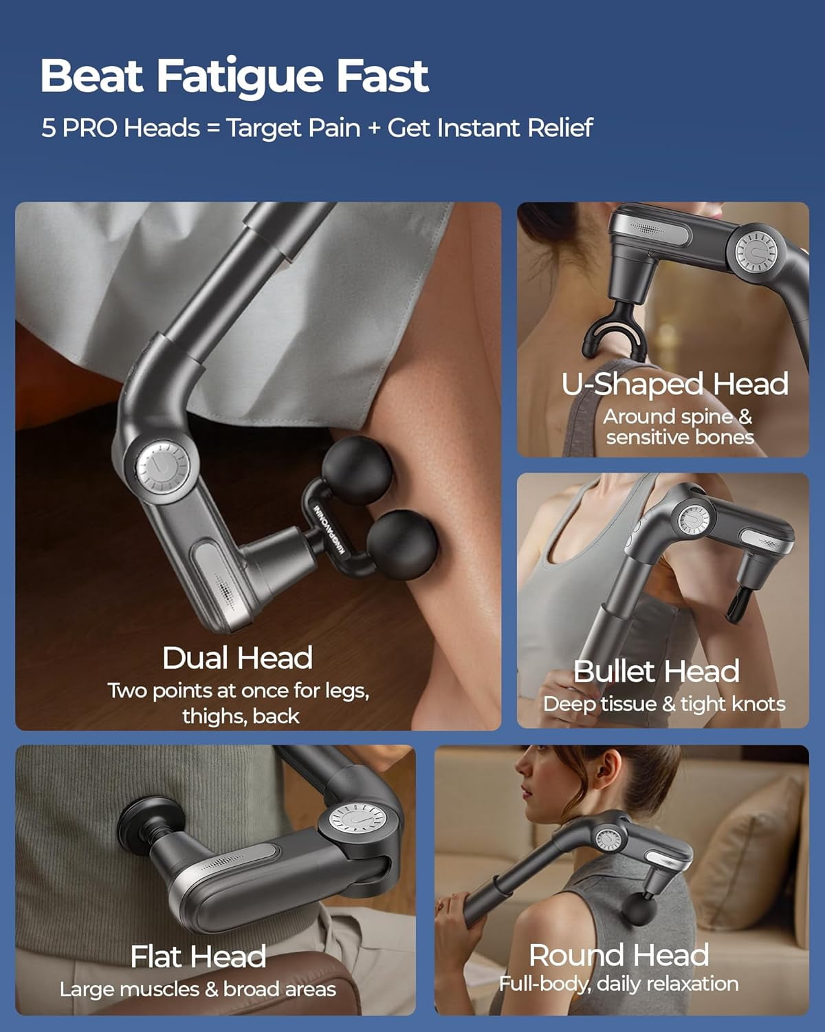 Foldable Massage Gun with Dual-Ball Head, Adjustable Handle for Deep Tissue Pain Relief