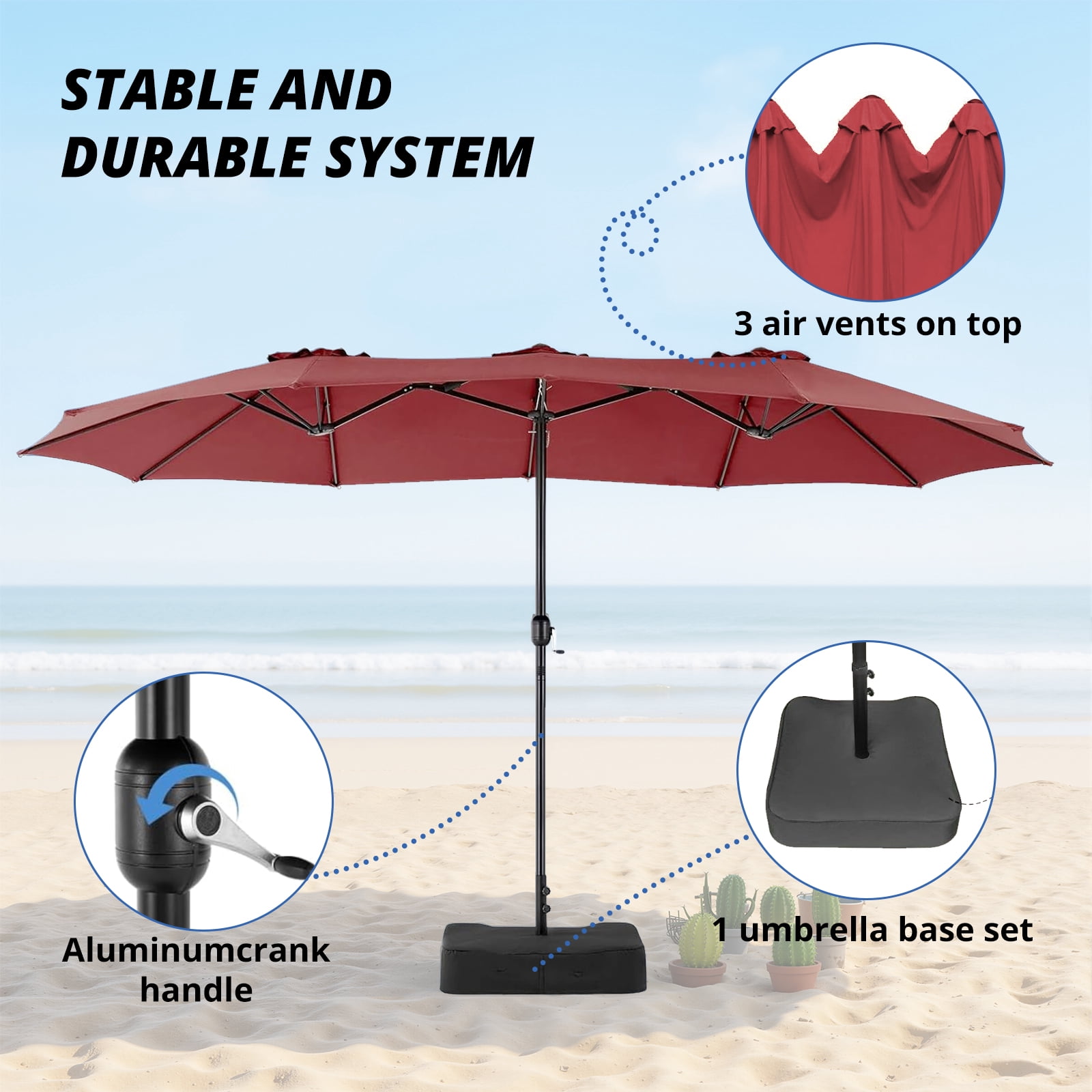 Betcozy Patio Umbrella with Base, 15ft Large Double-Sided Rectangle Umbrella, Outside Market Umbrellas for Deck, Poolside, Backyard, Red