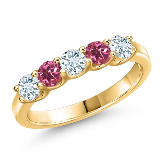Gem Stone King 18K Yellow Gold Plated Silver Sky Blue Aquamarine and Pink Tourmaline Wedding-Bands Ring for Women | 0.81 Cttw | Round 3.5MM | Gemstone March Birthstone | Size 7