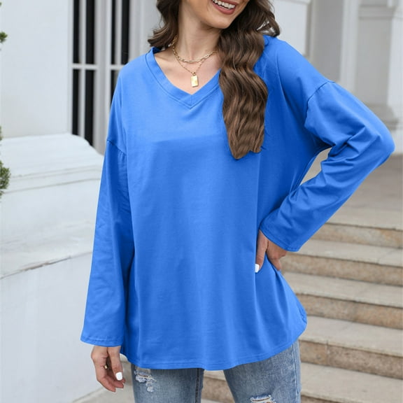 XUNKUSGA Tops for Women Trendy Plus Size V Neck Shirts for Women Casual Long Sleeve Loose Fit Tops for Women Trendy Solid Color Cozy Tunic S-2XL