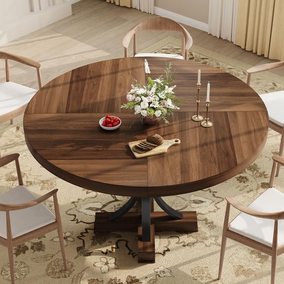 PYY 47-Inch Solid Wood Round Dining Table for 4-6 - Farmhouse Kitchen Table with Walnut Finish