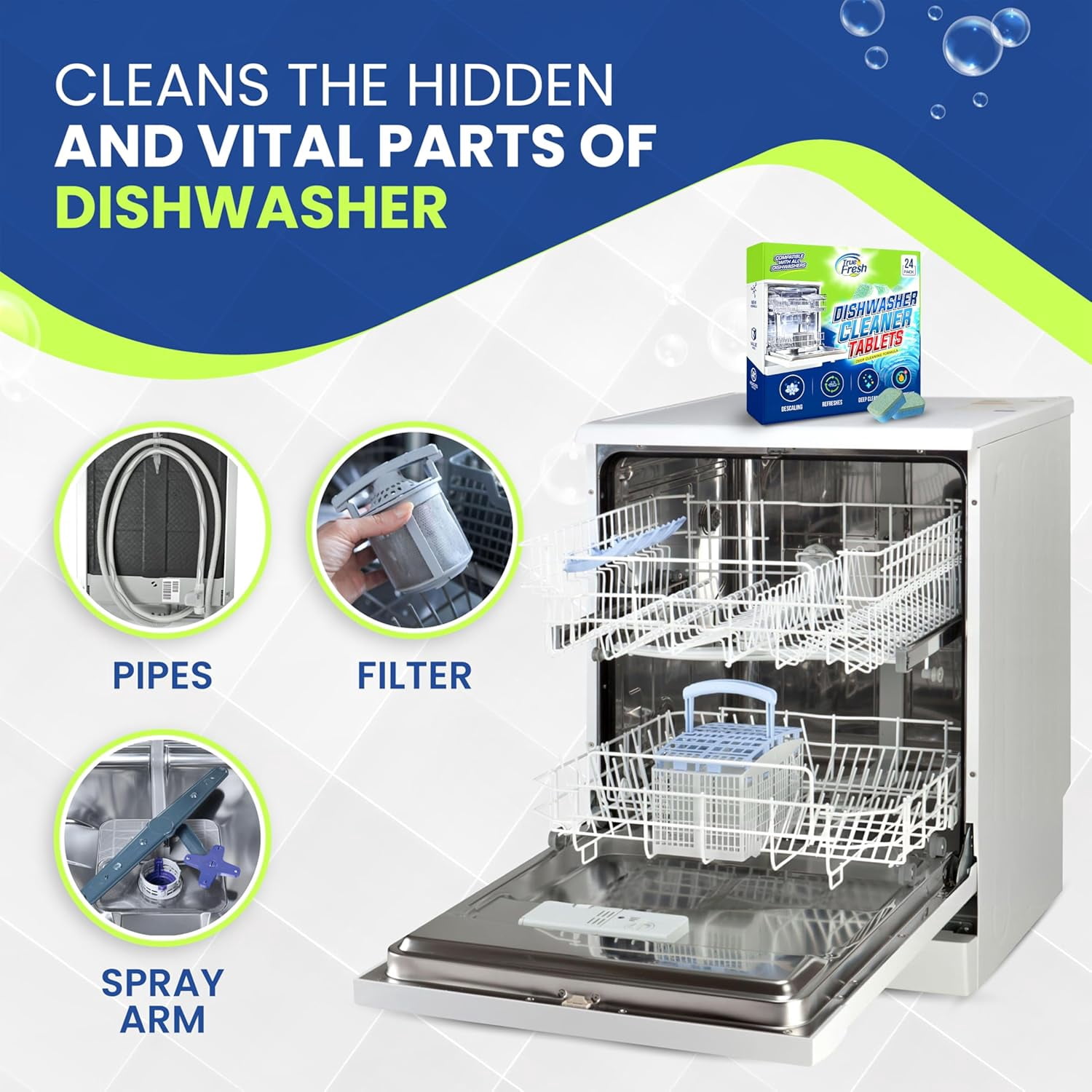Dishwasher Cleaner & Deodorizer Tablets, 24-Pack Dishwasher Maintenance Tablets for Interior, Pump, Filter, Spray arm & Drain, Helps Remove Grease, Limescale & Mineral Buildup 1-Year Supply