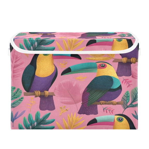 Large Collapsible Storage Box Flip Lid Fabric Decorative Organizer Container Basket with Handles 16.5×12.6×11.8in Digital Illustration Of Cute Toucans
