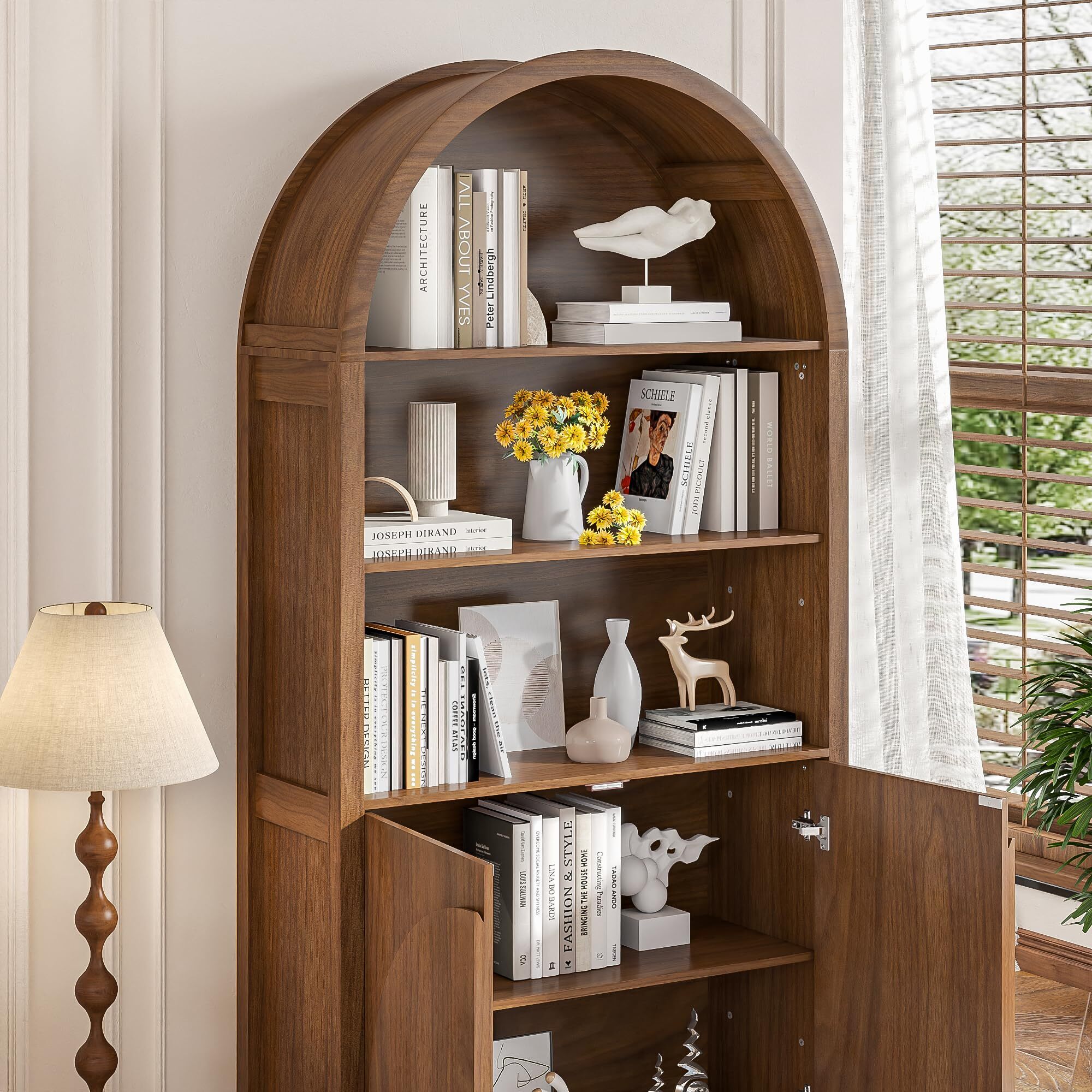 Fsbecl Mid Century Arched Bookcase, Display Case Storage Cabinet, Large Library Arch Bookshelf for Living Room