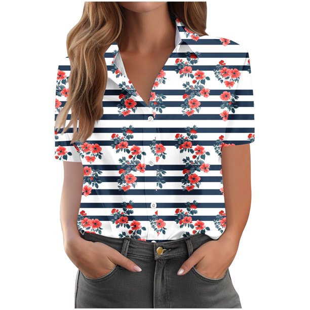 Pantalones Cortos para las Mujeres Impresión Sexy Cómodo Bolsillo de Manga Corta, Botón Top Blusa Camiseta