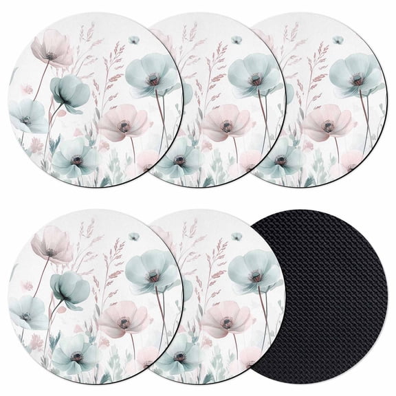 Teal Pink Spring Floral Coasters Set of 6, Summer Botanical Watercolor Absorbent Coasters for Drinks, Coaster for Bar Office Dining Coffee Table Accessories Decor, Non Slip Round Desk Coaster