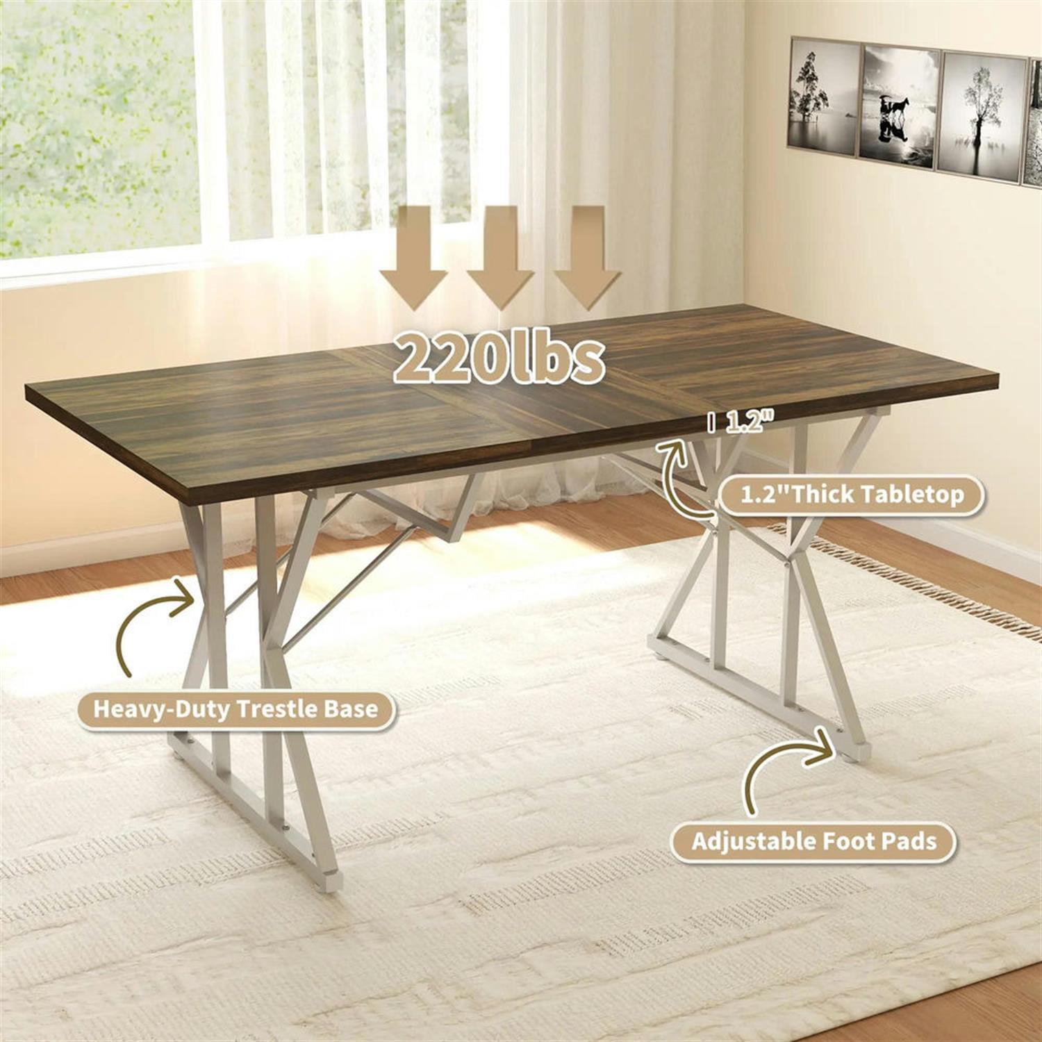 Demi Bonn 63"-47" Extendable Kitchen Table for 4 to 6 People, Farmhouse Dinner Table for Dining Room, Home Office, Living Room Furniture, Brown